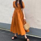 Short-sleeve Square-neck Midi A-line Dress Orange - One Size