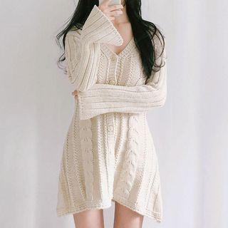 Crochet-knit Long-sleeve Mini A-line Dress