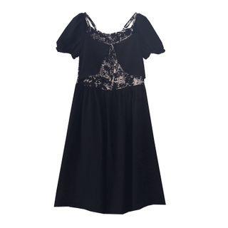 Short-sleeve Pattern Panel A-line Midi Dress Black - One Size