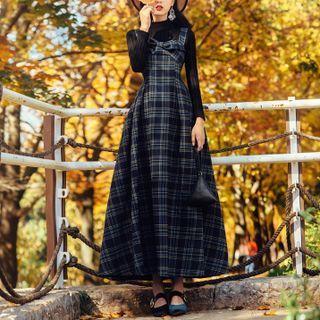 Long-sleeve Mock-neck Knit Top / Plaid Bow Midi A-line Overall Dress / Set