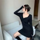 Long-sleeve Knit Mini Dress Black - One Size