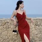 Spaghetti Strap Ruffled A-line Slit Dress