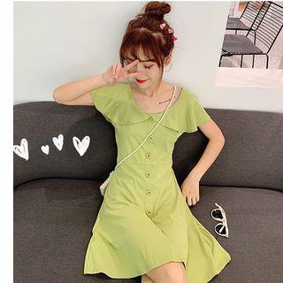 Short-sleeve Ruffled Buttoned A-line Mini Dress