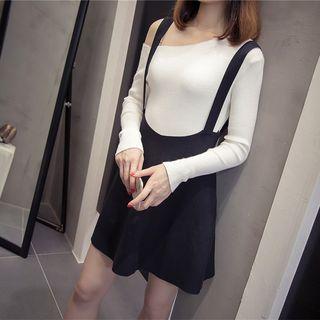 Set: Off-shoulder Long-sleeve Knit Top + High Waist Knitted Suspender Skirt