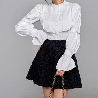 Set: Bell-sleeve Button-up Blouse + Mini A-line Skirt
