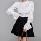 Set: Bell-sleeve Button-up Blouse + Mini A-line Skirt