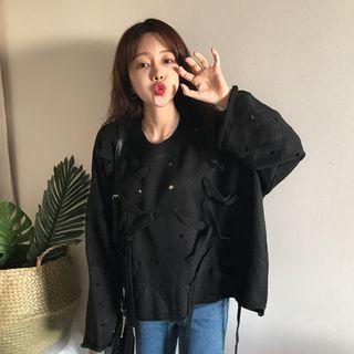 Long-sleeve Ripped Lace-up Sweater