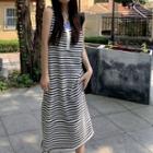 Sleeveless Stripe Loose Fit Tank Top Dress Stripe - Black & White - One Size