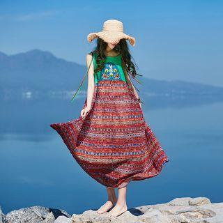 Ethnic Striped Panel Sleeveless Dress Green - One Size