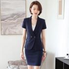 Set Of 3: Short-sleeve Plain Blazer + Skirt + Pants