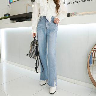 Slit-side Distressed Wide-leg Jeans