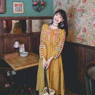 Long-sleeve Embroidered Striped Tiered Midi A-line Dress