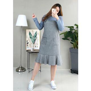 J-size - Glen-plaid Midi Pinafore Dress