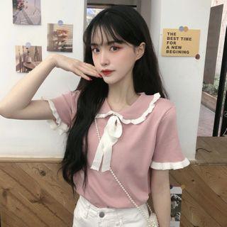 Knit Frill Trim Short-sleeve Blouse