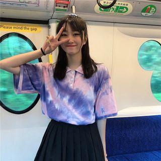 Short-sleeve Tie-dyed Polo Shirt Pink & Purple - One Size
