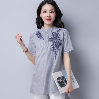 Embroidered Short-sleeve Striped Blouse