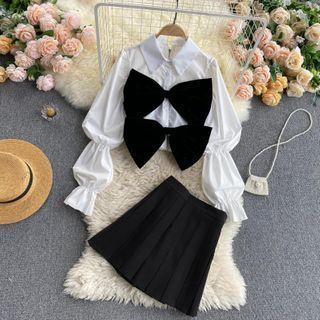 Set: Bow Cropped Shirt + Pleated Mini Skirt