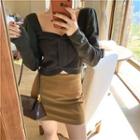 Plain Long-sleeve Cropped Knit Top / Faux-leather Skirt