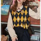 Long-sleeve Blouse / Argyle Patterned Knit Vest