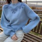 Bow Embroidered Mock-neck Sweater Light Blue - One Size