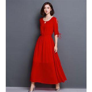 Tie-cuff Keyhole Midi Chiffon Dress