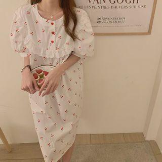 Short-sleeve Cherry A-line Dress Floral - White - One Size