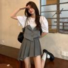 Short-sleeve Plain T-shirt / Asymmetrical Button-up Cropped Camisole Top / Mini Pleated Skirt / Set