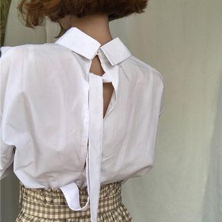 Plain Long-sleeve Loose-fit Blouse White - One Size