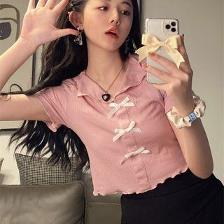Short-sleeve Bow-accent V-neck Top
