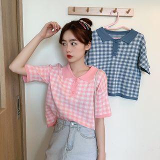 Short-sleeve Gingham Polo Knit Top
