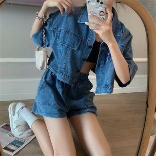 Set: Denim Elbow-sleeve Button Jacket + Shorts