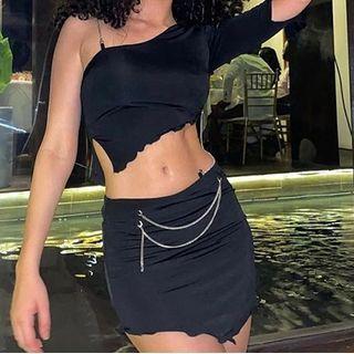 Set: Asymmetrical Cold-shoulder Cropped T-shirt + Mini Pencil Skirt
