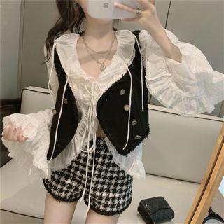 Bell-sleeve Frill Trim Blouse / Tweed Vest / Houndstooth Shorts