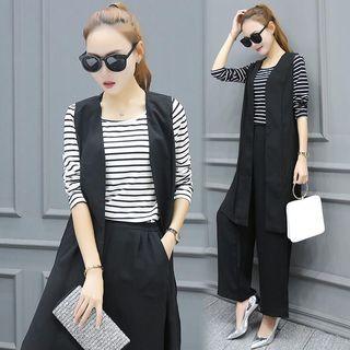 Set: Striped Long Sleeve T-shirt + Long Vest + Wide Leg Pants