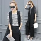 Set: Striped Long Sleeve T-shirt + Long Vest + Wide Leg Pants