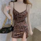 Long-sleeve Turtleneck T-shirt / Spaghetti Strap Zebra Print Mini Bodycon Dress