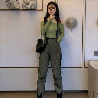 Off-shoulder Long-sleeve Knit Top / Cargo Pants