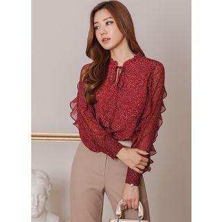 Beribboned Frill-neck Patterned Chiffon Top