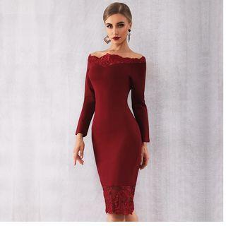 Off Shoulder Lace Panel Bodycon Midi Dress