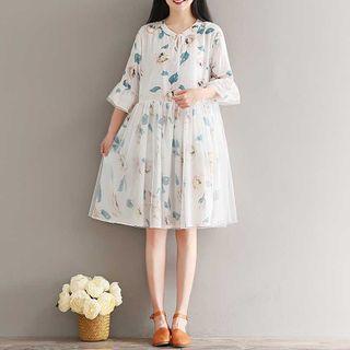 Leaf Print Bell-sleeve A-line Dress