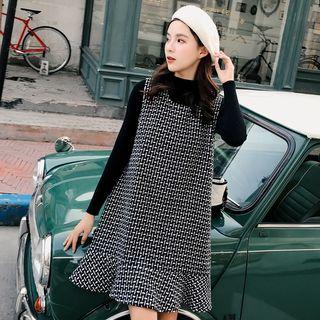 Set: Mock-neck Long-sleeve Knit Top + Ruffle Hem Sleeveless Knit Dress