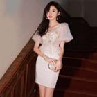 Puff-sleeve Sequin Embellished Mini Peplum Dress