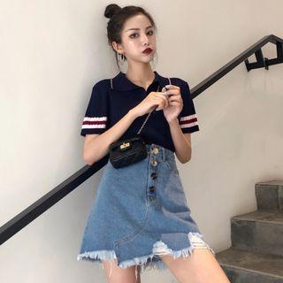 Short-sleeve Collar Sweater / Ripped Mini Denim Skirt