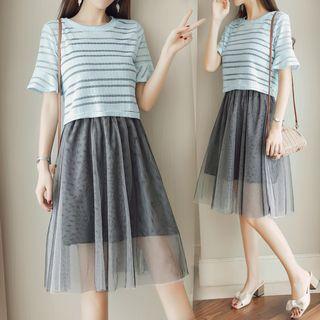 Set: Short-sleeve Top + Mesh Dress