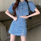 Short-sleeve Houndstooth Denim Crop Shirt / Lace-up Skort