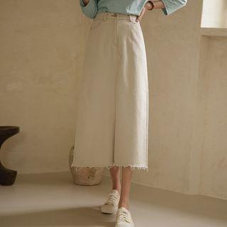Fray-hem Stitched Long Skirt