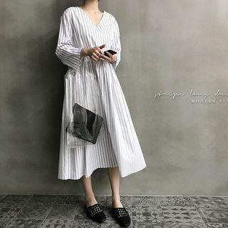 V-neck Shirred-waist Stripe Long Dress