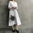 V-neck Shirred-waist Stripe Long Dress