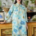 Long-sleeve Floral Linen A-line Dress