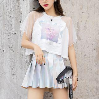 Printed Short-sleeve T-shirt / Pleated Skirt / Set